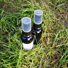 two blue spray bottles situated on grass